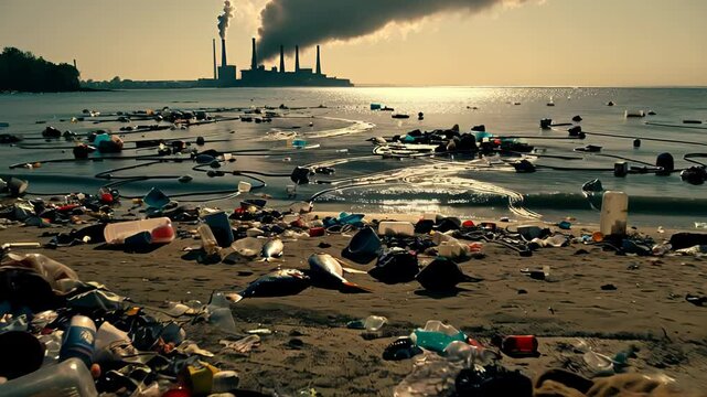 Plastic garbage and dead fish pollute a sandy beach, with an industrial plant emitting smoke in the background, highlighting environmental damage and pollution. Concept of global pollution