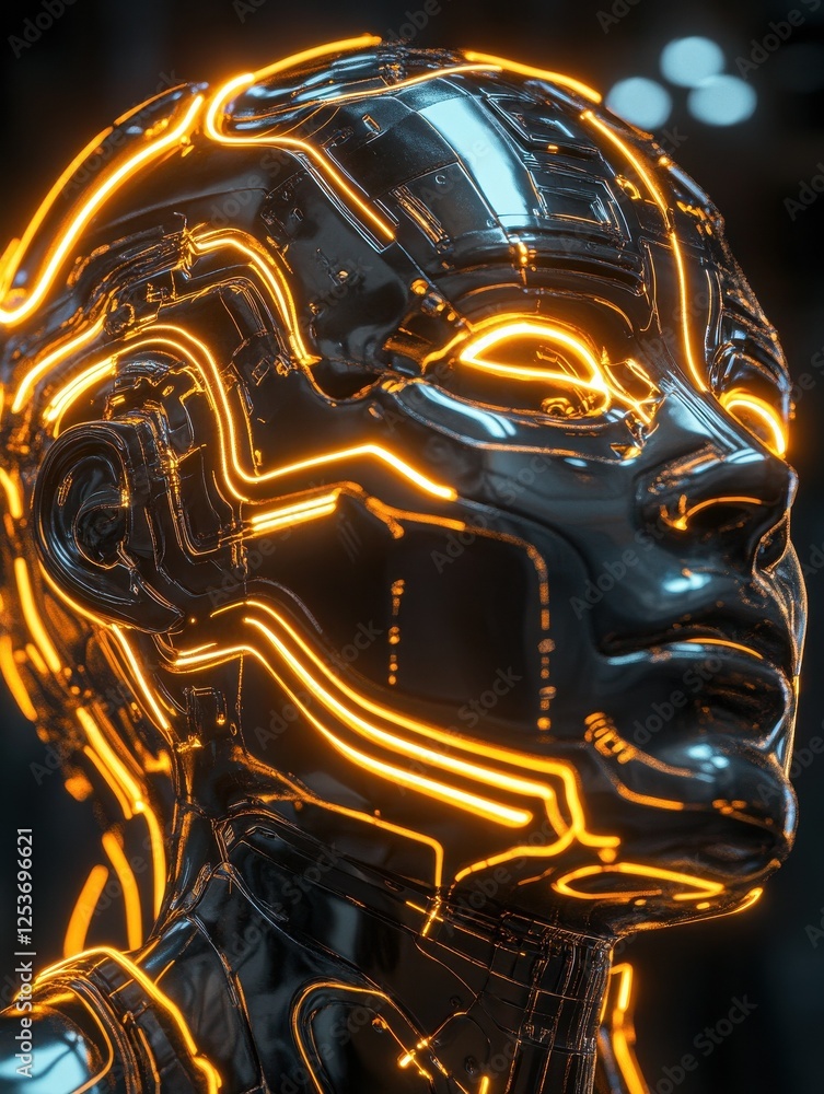 Poster creative glowing circuit head outline. ai and robot concept. 3d rendering.