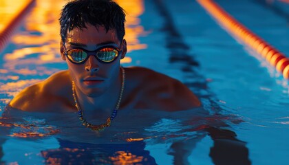 Swimmer wearing goggles and necklace emerges from pool water
