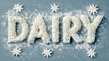 Dairy word made from cottage cheese on blue background with snowflakes. This creative food art showcases versatility of dairy products in fun and artistic way