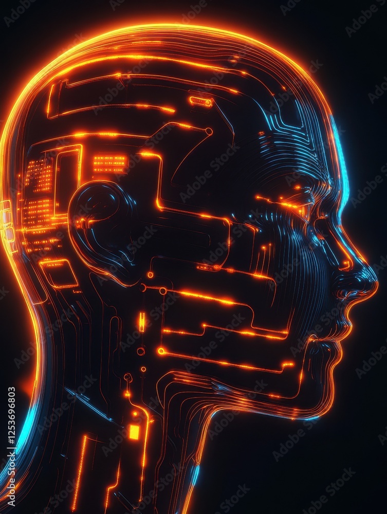 Poster creative glowing circuit head outline. ai and hardware concept. 3d rendering.