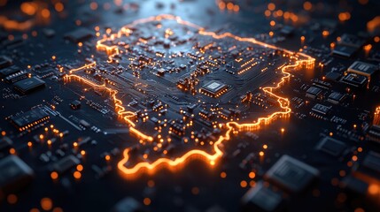 A circuit board design illuminated to resemble a map, symbolizing technology and connectivity.