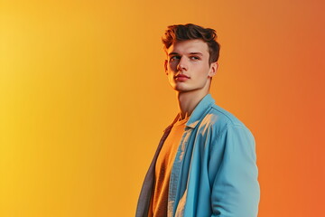 Obraz premium Young man posing with light blue overshirt on orange background