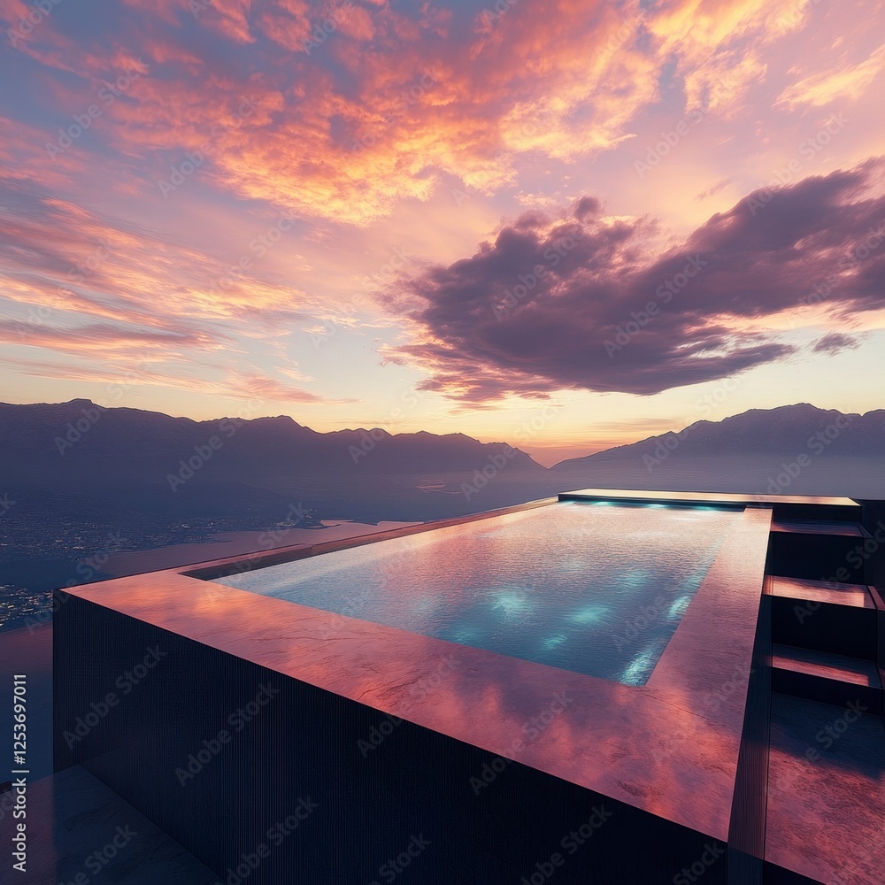 Poster sunset over rooftop pool with cityscape view and mountains in background landscape photography with 