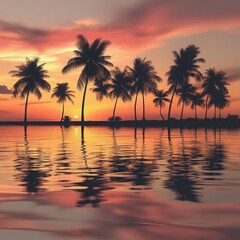 Obraz premium Sunset Over the Water With Palm Trees And Reflections On The Shore And Horizon With Colorful Sky And Clouds. Serene Peaceful Landscape At Golden Hour. Tropical Scene With Still Water. Vivid Colors