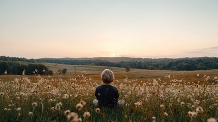 Fototapeta premium Child meditating in meadow at sunset