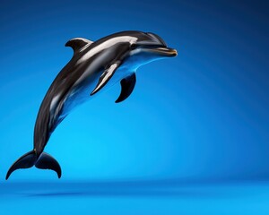 Obraz premium A sleek dolphin gracefully leaps through the vibrant blue waters, showcasing its agility and beauty.