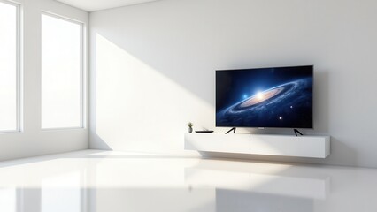 Fototapeta premium 3D TV Screen with Remote, Spacious room 3D TV space theme remote on console photorealistic.