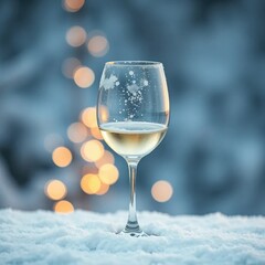 Snow-covered elegant white wine glass against the backdrop, calm, white wine glass, peaceful