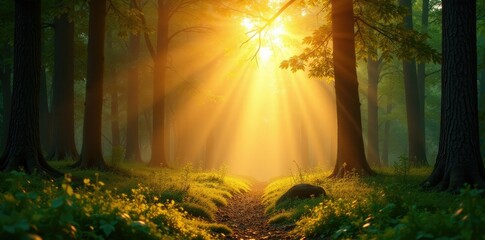 Soft golden radiance bathes a forest landscape, woodland, radiant