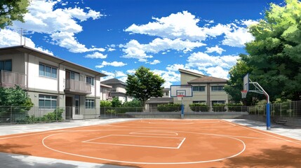 Fototapeta premium Basketball court in residential neighborhood under sunny sky. Possible use stock photo