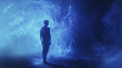 Obraz premium silhouette of person stands in mystical blue environment, surrounded by swirling particles and ethereal light, creating sense of wonder and exploration