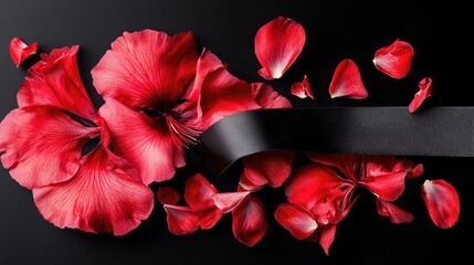 Elegant Funeral Banner with Red Flowers on Black Textured Background