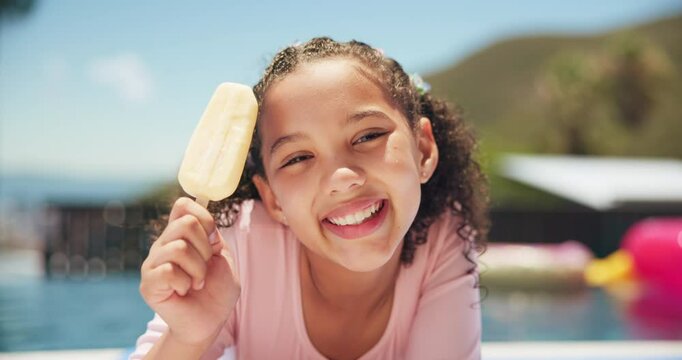 Happy, ice cream and face of girl by pool for summer, holiday and travel in hotel for outdoor tourism. Portrait, smile and child eating vanilla sucker, popsicle or frozen snack on weekend vacation