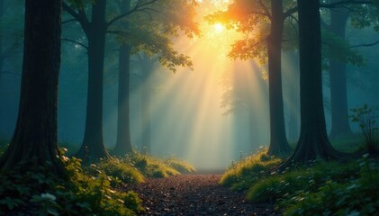 Soft luminescent glow illuminates misty forest, glowing, ethereal light, soft focus