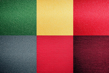 Fototapeta premium Colorful geometric pattern, six square sections, textured fabric surface, vibrant green yellow red gray burgundy colors, abstract flag design, minimalist composition, high contrast, close-up textile 