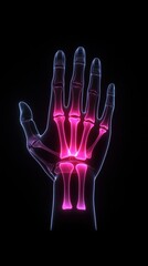 Naklejka premium A vibrant x-ray of a human hand showcasing intricate bone structures in vivid colors against a dark backdrop.