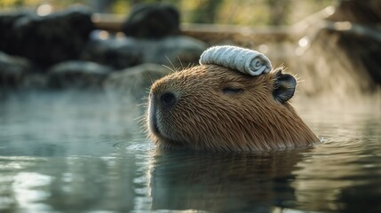 Capybara Relaxing in a Steaming Outdoor Hot Spring with a Folded Towel on Its Head, Surrounded by Rocks and Greenery, Representing Tranquility, Wellness, Animals Enjoying Natural Spa-Like Environments