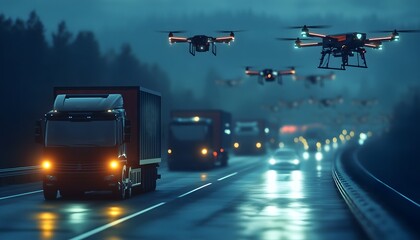 Drones and Trucks Uniting for Innovative Delivery Solutions at Night