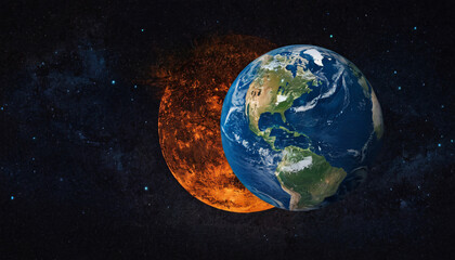 The visual presents Earth and Venus closely positioned amidst the darkness of space, highlighting their distinct surfaces and atmospheric effects while stars twinkle in the background