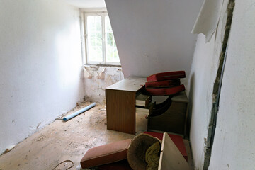 Lost Place, old, partially destroyed living room with furniture and window