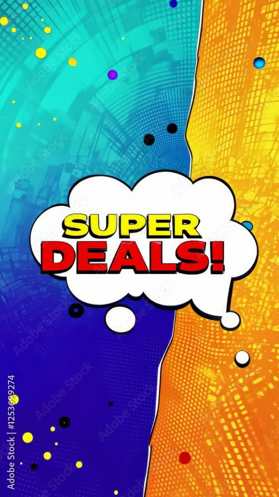 Poster a colorful sign that says super deals. it is surrounded by many colorful bubbles. the bubbles are in