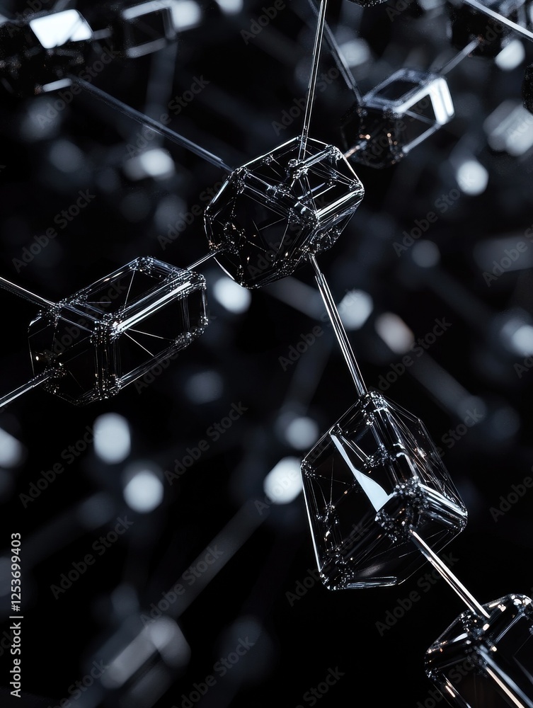 Poster Digital chains and blocks connected in a 3D space, representing the blockchain technology, dark background
