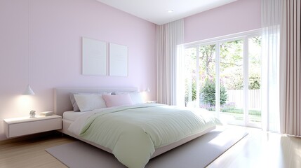 Obraz premium Serene bedroom, pastel walls, garden view, sunlight. Home decor inspiration