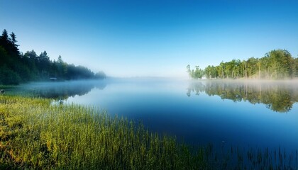 Fototapeta premium 穏やかな湖畔 朝もやが漂う湖とその反射。シンプルな背景部分がコピースペースとして働き、落ち着いたデザインに最適。