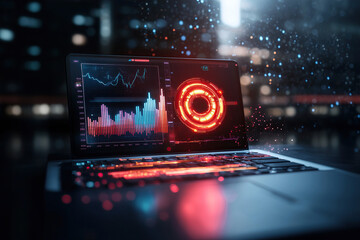 laptop displaying futuristic data visualizations and digital graphs dark, high tech environment. screen shows vibrant charts and glowing circular interface, suggesting advanced technology and data