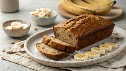 Warm banana bread loaf on a ceramic plate with a few fresh banana slices arranged around it, banana, plate, fruit, warm, slice