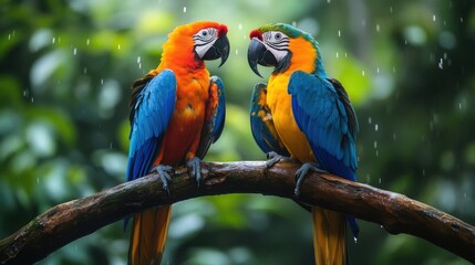 Vivid Tropical Parrots Perched on a Branch in Lush Green Environment with Raindrops and a Nature-Inspired Aesthetic