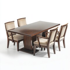 Fototapeta premium A minimalist wooden dining table with tapered legs and a light pine finish, paired with four simple wooden chairs featuring slatted backs, isolated on a clean white background