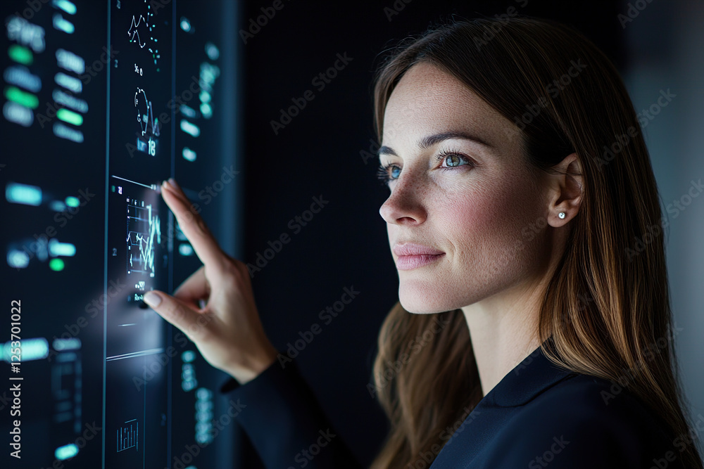Poster woman interacts with digital touchscreen displaying data and graphs, showcasing modern technology an