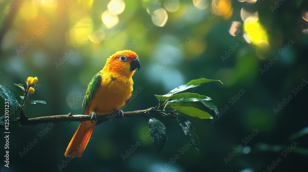 Poster vibrant orange bird on branch surrounded by lush greenery in a serene natural setting with soft dapp