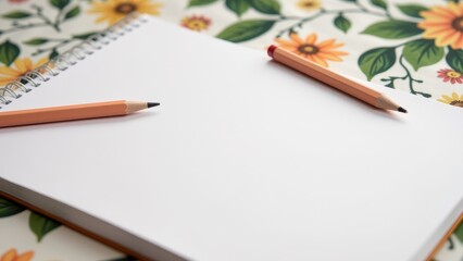 Book Mockup with Pencil, Floral tablecloth planner book and pencil in photorealistic form.