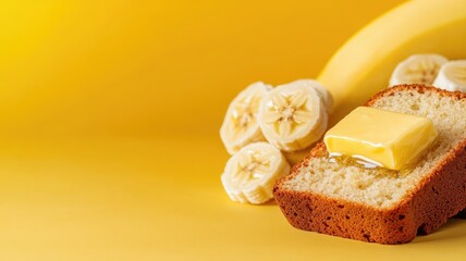 Banana bread slice with butter and banana pieces on yellow background