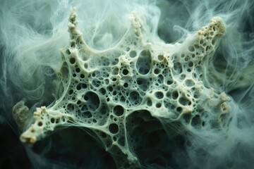 Abstract image of a porous, organic-looking structure enveloped in ethereal smoke, evoking a sense of mystery and wonder.