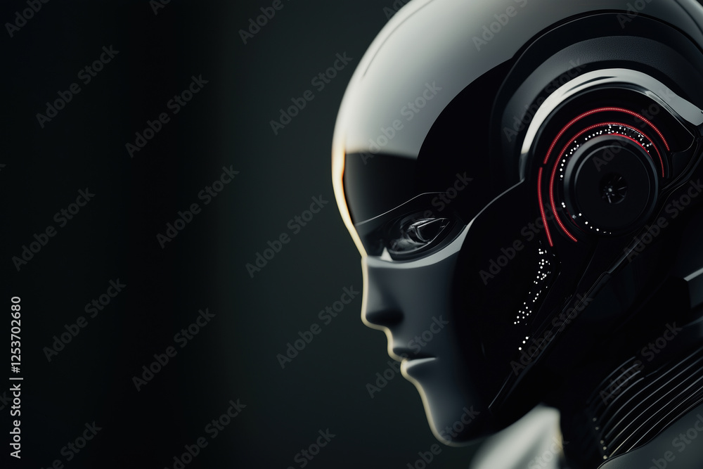 Poster modern humanoid robot with sleek design and illuminated features in dark background