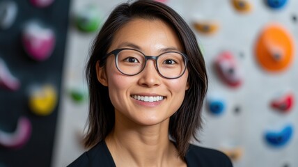 Smiling Asian woman with glasses at climbing gym