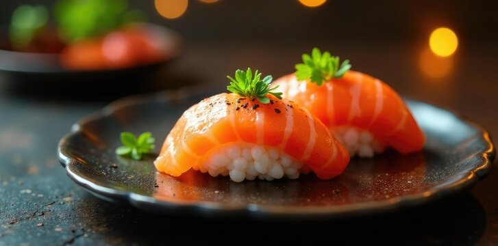 Un estante con un efecto de luz que hace resaltar los colores arco?ris del sushi, comida, dise?o