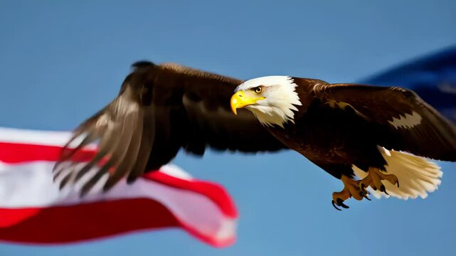 Six images shows a majestic bald eagle soaring gracefully against the backdrop of a waving american flag, symbolizing freedom and national pride