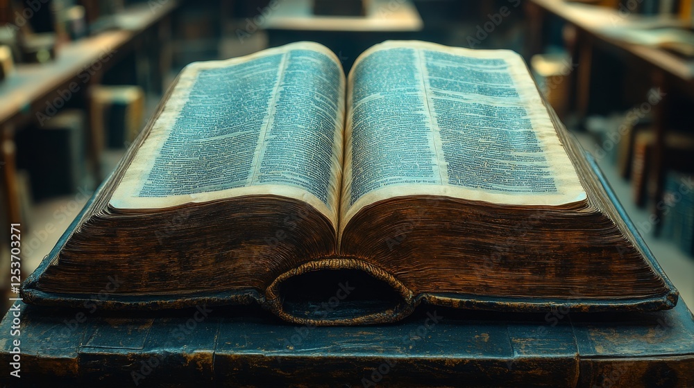 Poster aged wisdom: an antique book open on a library table, revealing time-worn pages filled with dense te