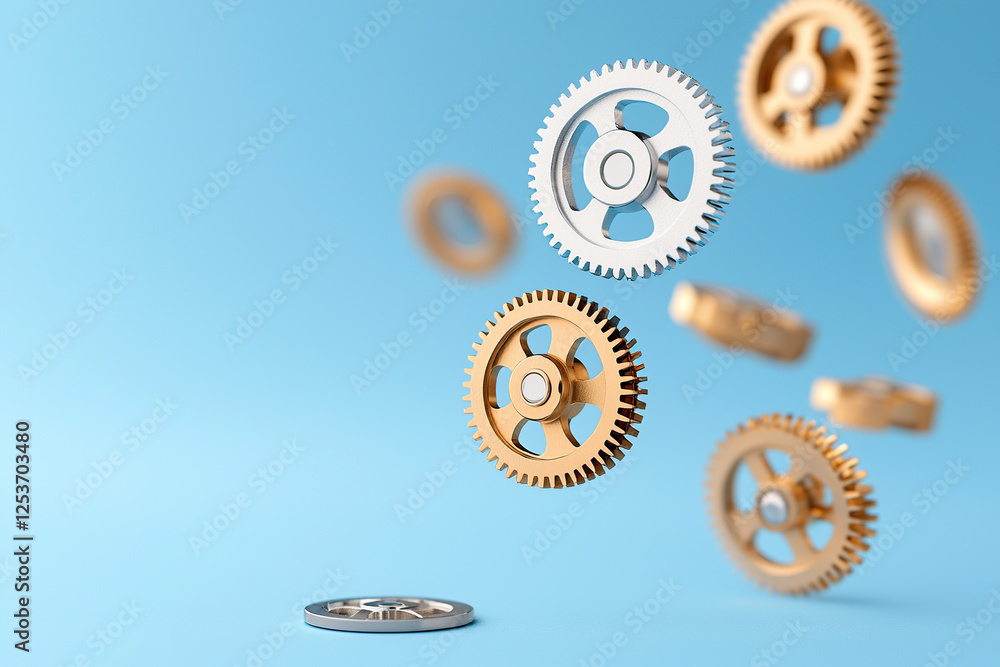 Poster floating gears in motion against blue background, showcasing workflow automation concepts