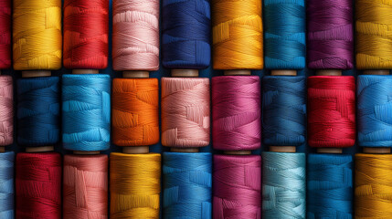 Colorful Sewing Thread Spools Neatly Arranged in a Patterned Textile Display