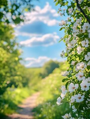 Obraz premium Delicate blossoms on the right side, surrounded by lush greenery and a dreamy blue summer sky.