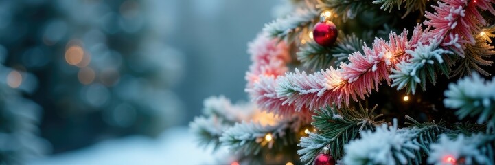 White and pink garlands adorning a frosted evergreen tree, festive, evergreen tree, holidays