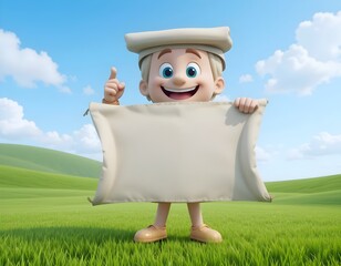 Naklejka premium 3D Cartoon Character Presenting Blank Scroll, Pointing Up with Cheerful Smile