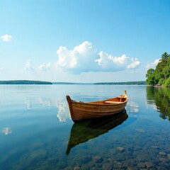 Obraz premium Small wooden boat in calm waters of Lake Ladoga, vessel, sailing