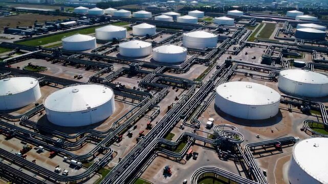 liquefied natural gas (LNG) terminal with massive storage tanks and ships docked